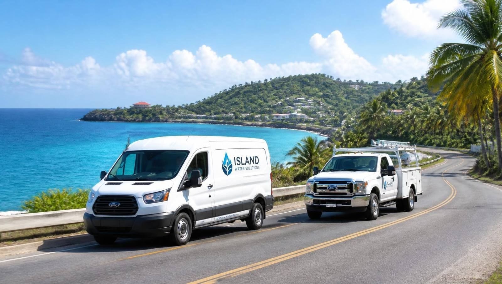 Fleet vans and a utility pickup on a sunlit Caribbean coastal highway across the islands